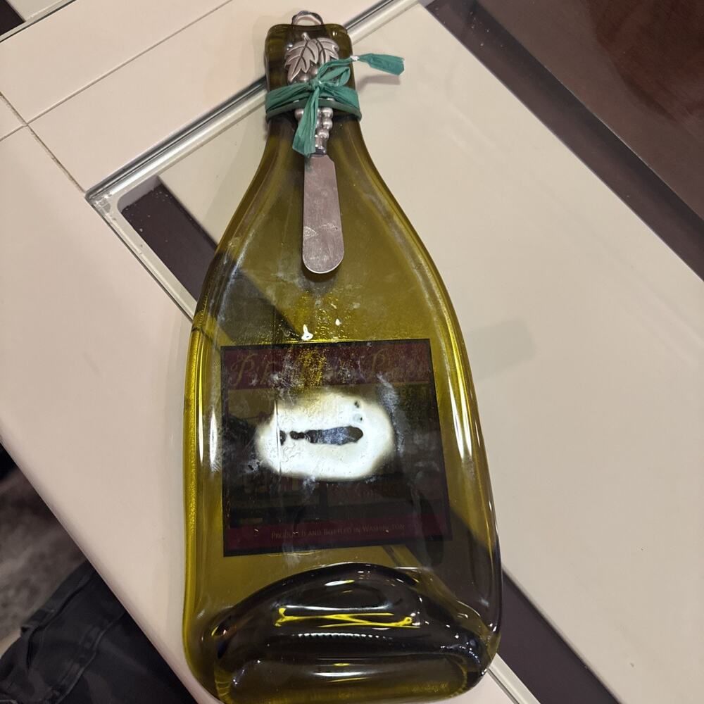 Handmade Green Glass Wine Bottle Cheese Tray Plate Serving Platter w/ Knife